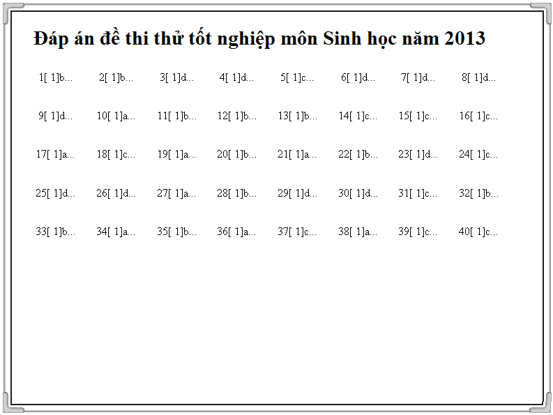 Đáp án đề thi tốt nghiệp THPT môn Sinh học năm 2014