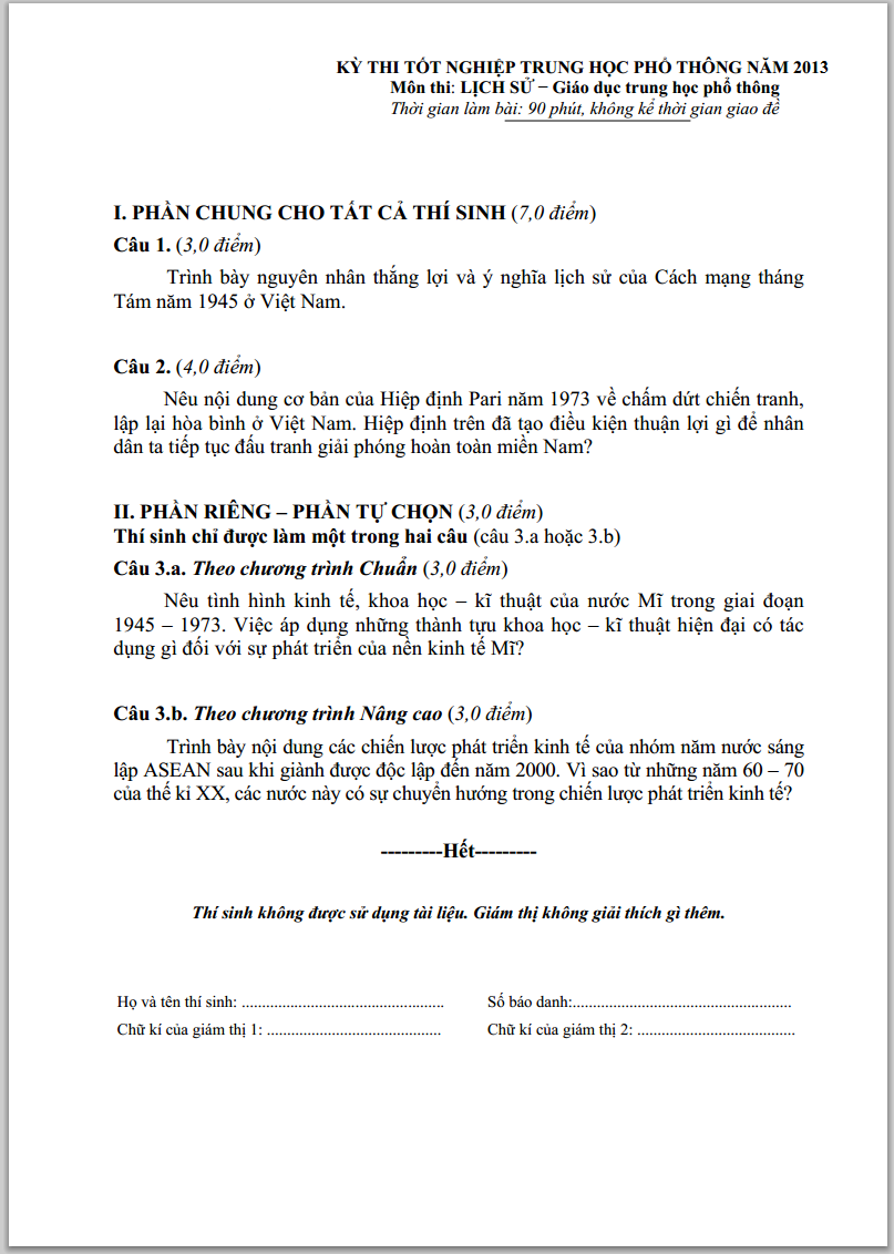 Đề thi tốt nghiệp THPT môn Lịch Sử năm 2014