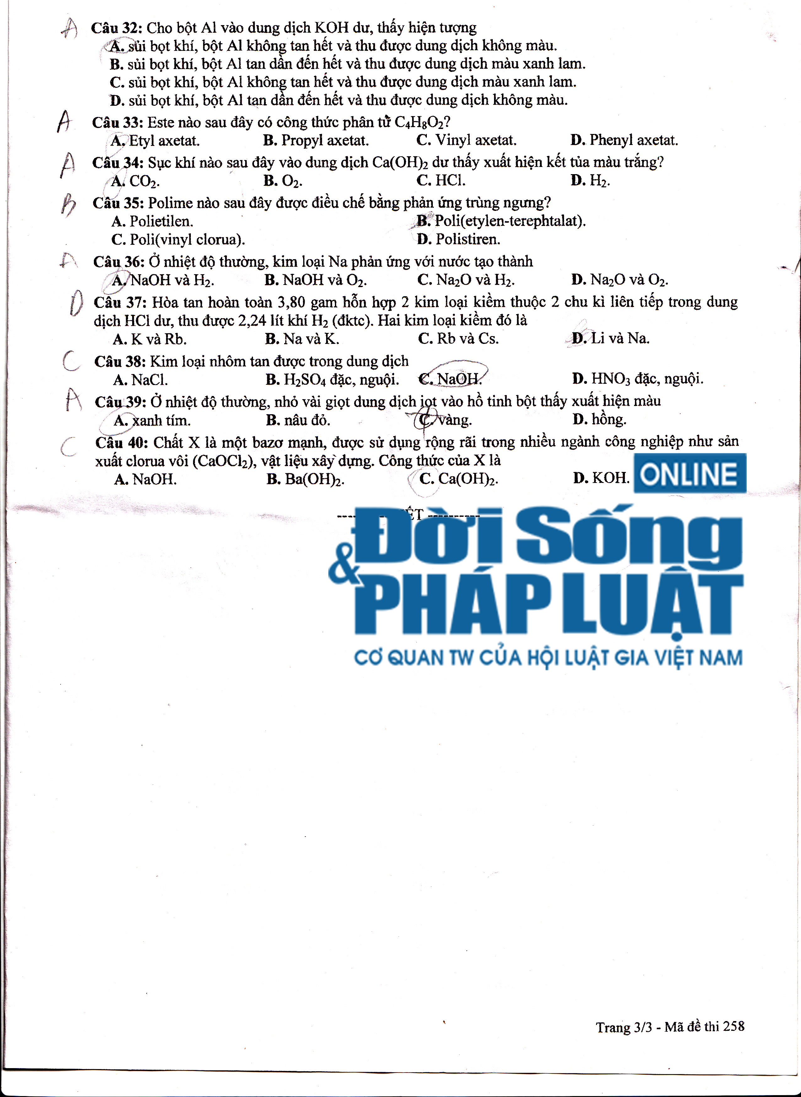 Đề thi tốt nghiệp THPT môn Hóa học năm 2014 