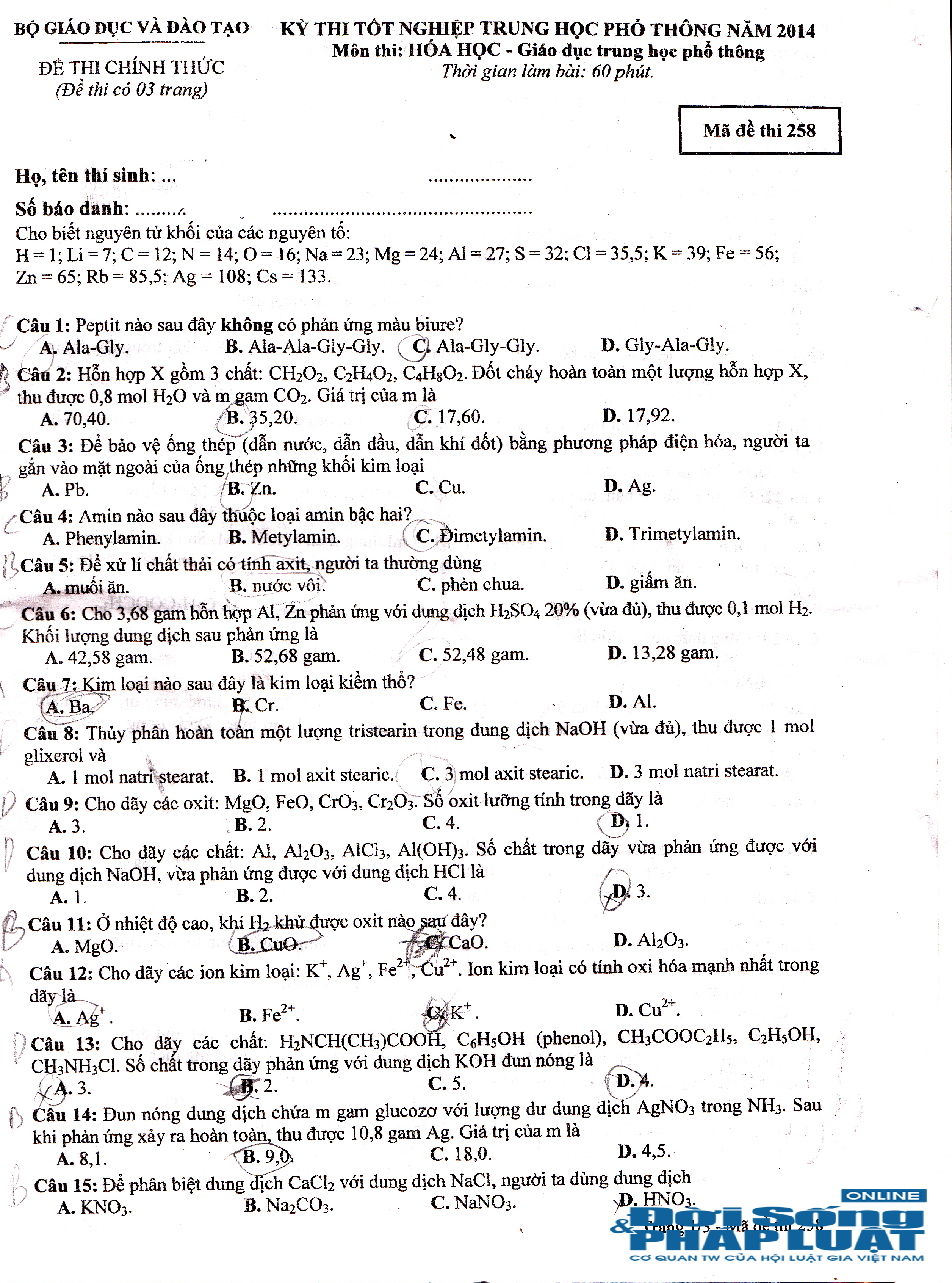Đề thi tốt nghiệp THPT môn Hóa học năm 2014 