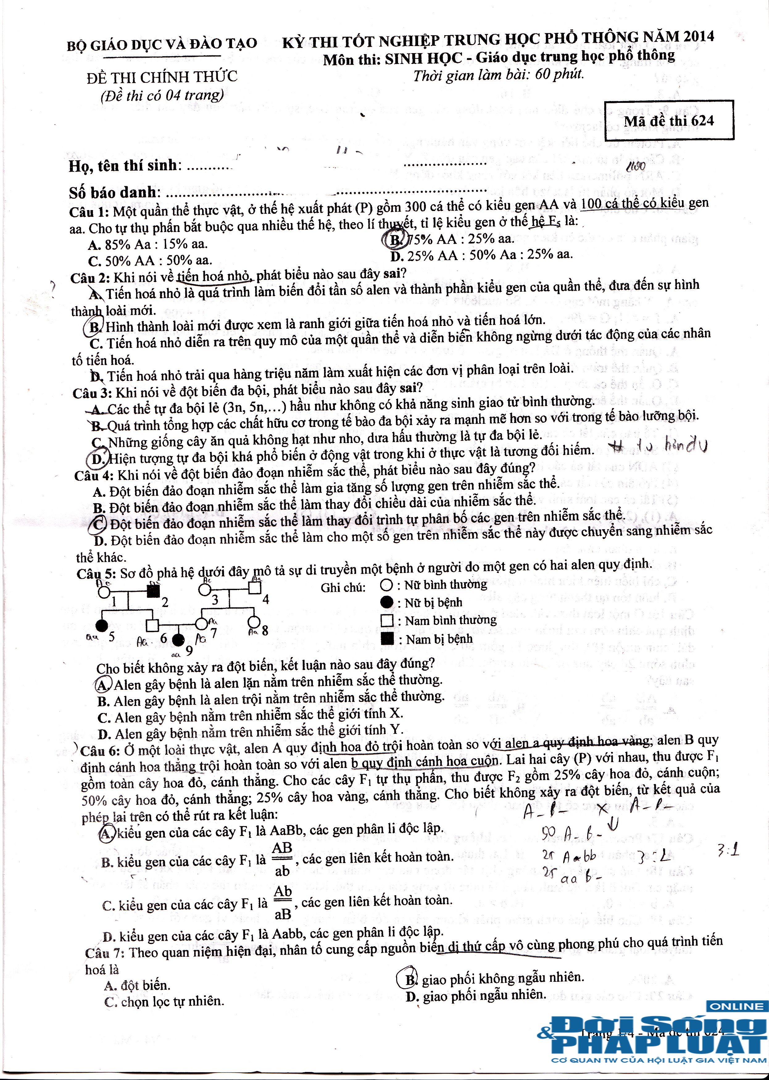 Đề thi tốt nghiệp THPT môn Sinh học năm 2014 