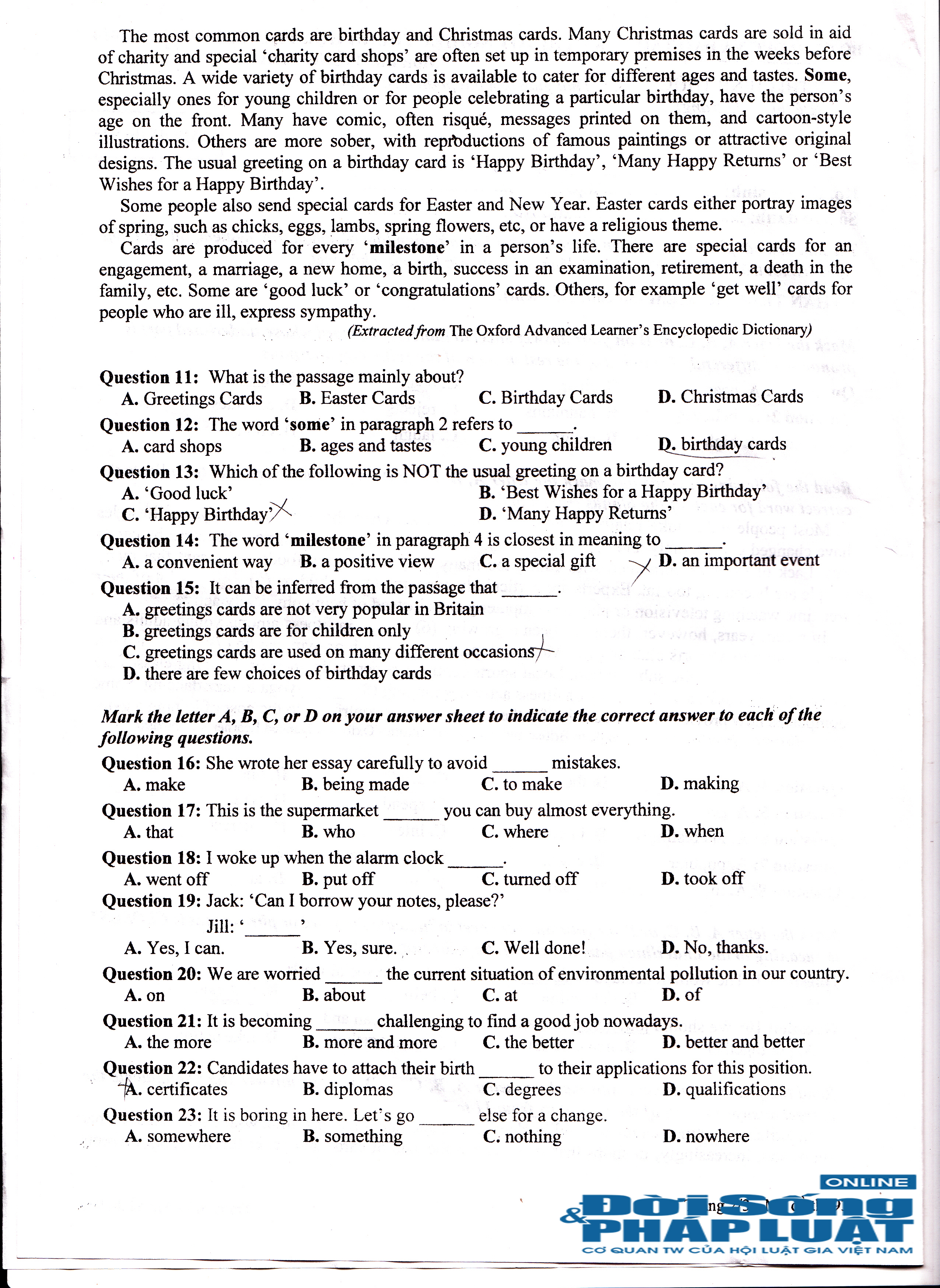 Đề thi tốt nghiệp THPT môn Tiếng Anh năm 2014 