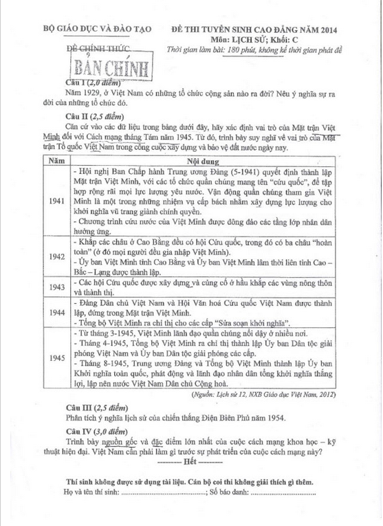 Đáp án đề thi cao đẳng môn Lịch Sử khối C năm 2014 Đáp án đề thi cao đẳng môn Lịch Sử khối C năm 2014
