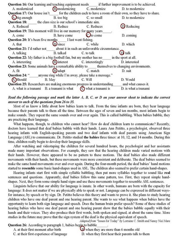 Đáp án đề thi cao đăng môn Tiếng Anh khối A1, D  năm 2014