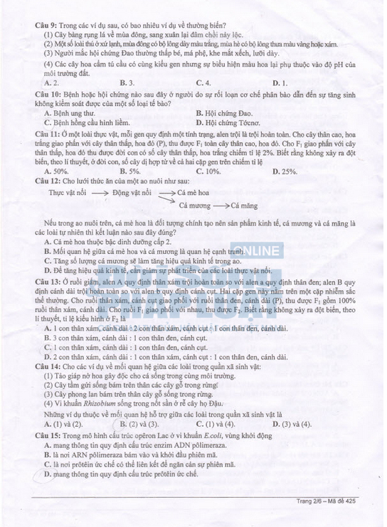 Đáp án đề thi cao đẳng môn Sinh học khối B năm 2014 