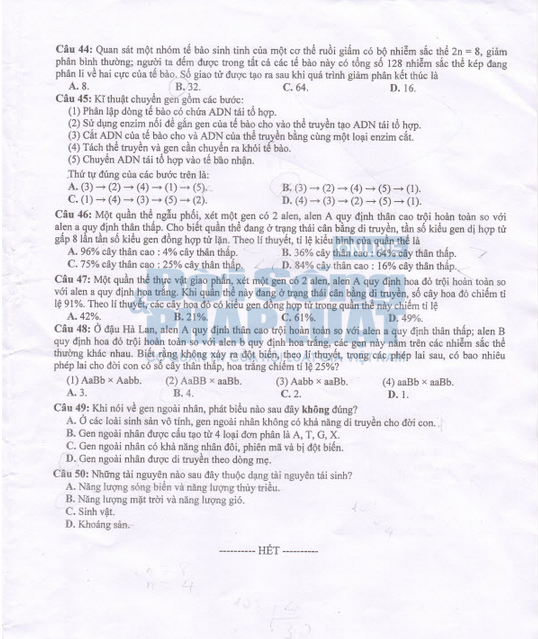 Đáp án đề thi cao đẳng môn Sinh học khối B năm 2014 