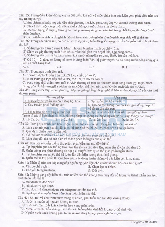 Đáp án đề thi cao đẳng môn Sinh học khối B năm 2014 