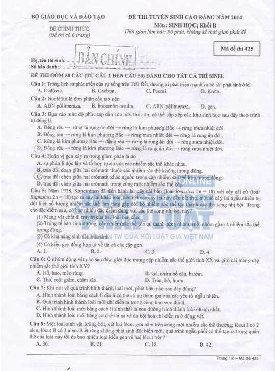 Đáp án đề thi cao đẳng môn Sinh học khối B năm 2014 