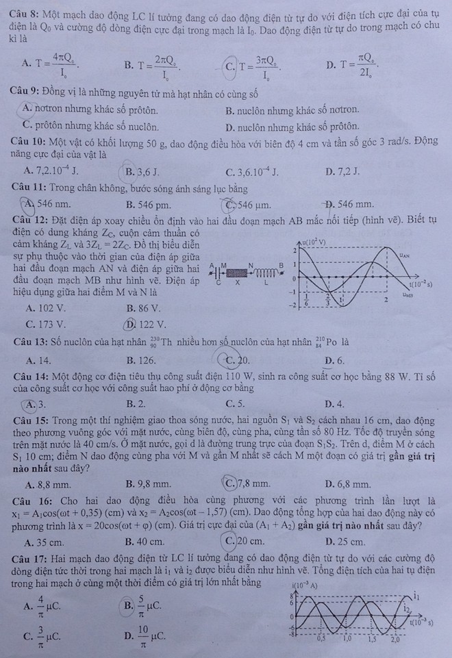 Đề thi đại học môn Vật Lý khối A và A1 năm 2014 