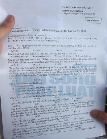 Đáp án đề thi đại học môn hóa học khối A năm 2014 Đáp án đề thi đại học môn hóa học khối A năm 2014