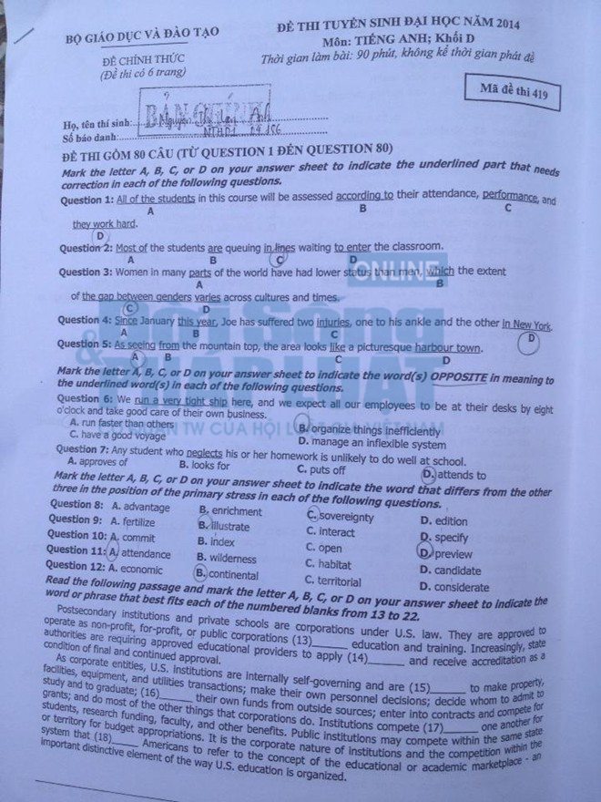 Đề thi đại học môn Tiếng Anh khối D năm 2014 Đề thi đại học môn Tiếng Anh khối D năm 2014