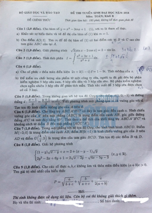 Đề thi đại học môn Toán khối B năm 2014 Đề thi đại học môn Toán khối B năm 2014