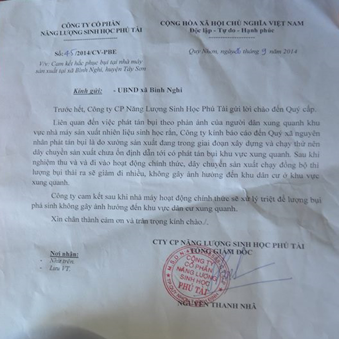 Công ty cổ phần Năng lượng sinh học Phú Tài gây ô nhiễm môi trườn