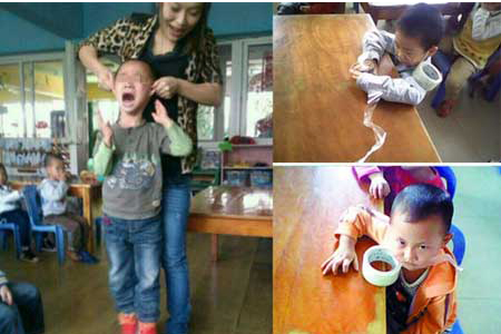 Cô giáo mầm non dùng băng dính dán mặt, trói tay bé trai Cô giáo mầm non dùng băng dính dán mặt, trói tay bé trai