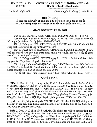 Tước quyền kinh doanh thuốc của VN Pharma Hà Nội