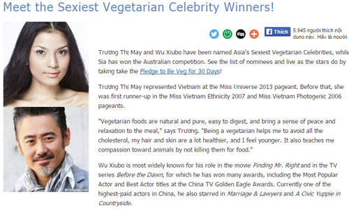 Trương Thị May vinh danh “Mỹ nhân ăn chay hấp dẫn nhất Châu Á