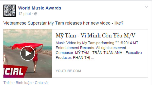 World Music Awards giới thiệu MV mới của Mỹ Tâm