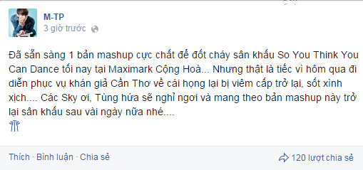 Sơn Tùng M-TP hủy show diễn vì viêm họng cấp