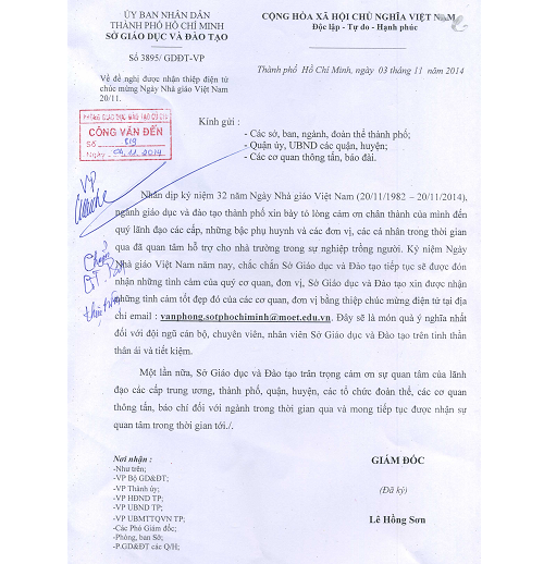 TP.HCM: Sở GD-ĐT đề nghị được nhận thiệp điện tử ngày 20/11