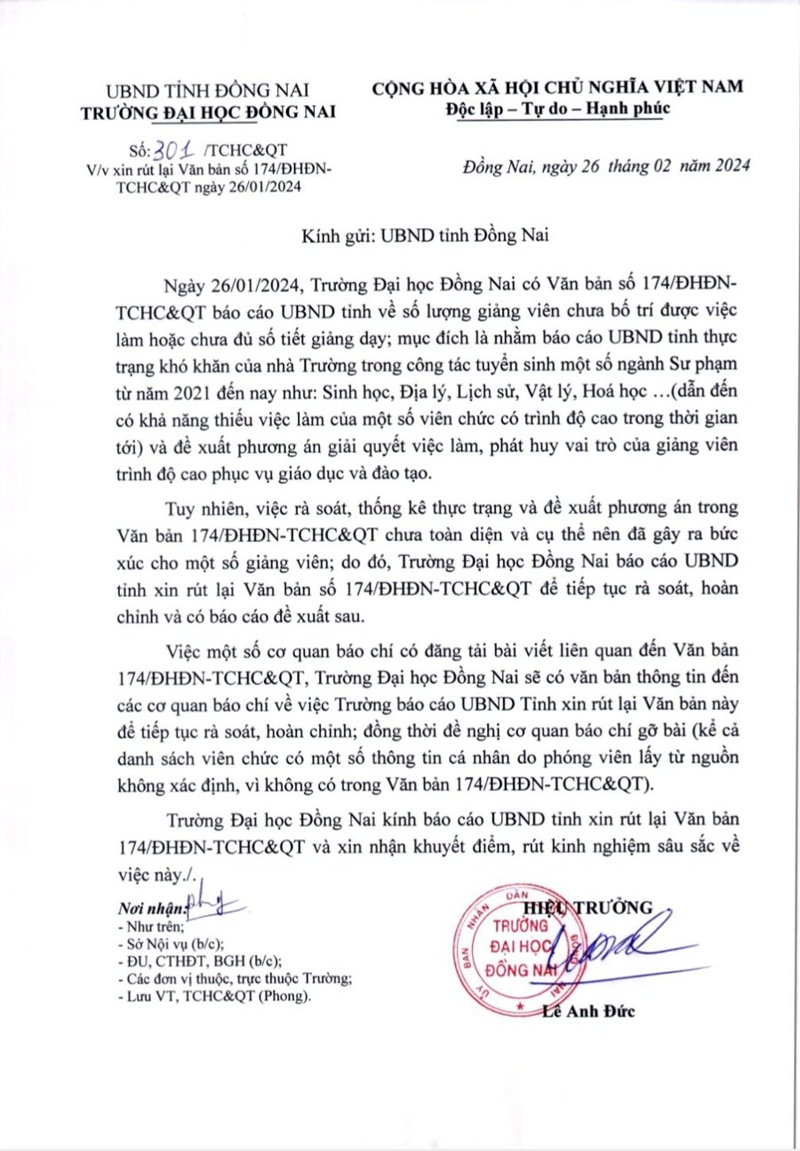 truong dai hoc dong nai xin rut lai bao cao ve viec chua bo tri duoc viec lam cho giang vien 1 truong dai hoc dong nai xin rut lai bao cao ve viec chua bo tri duoc viec lam cho giang vien 1