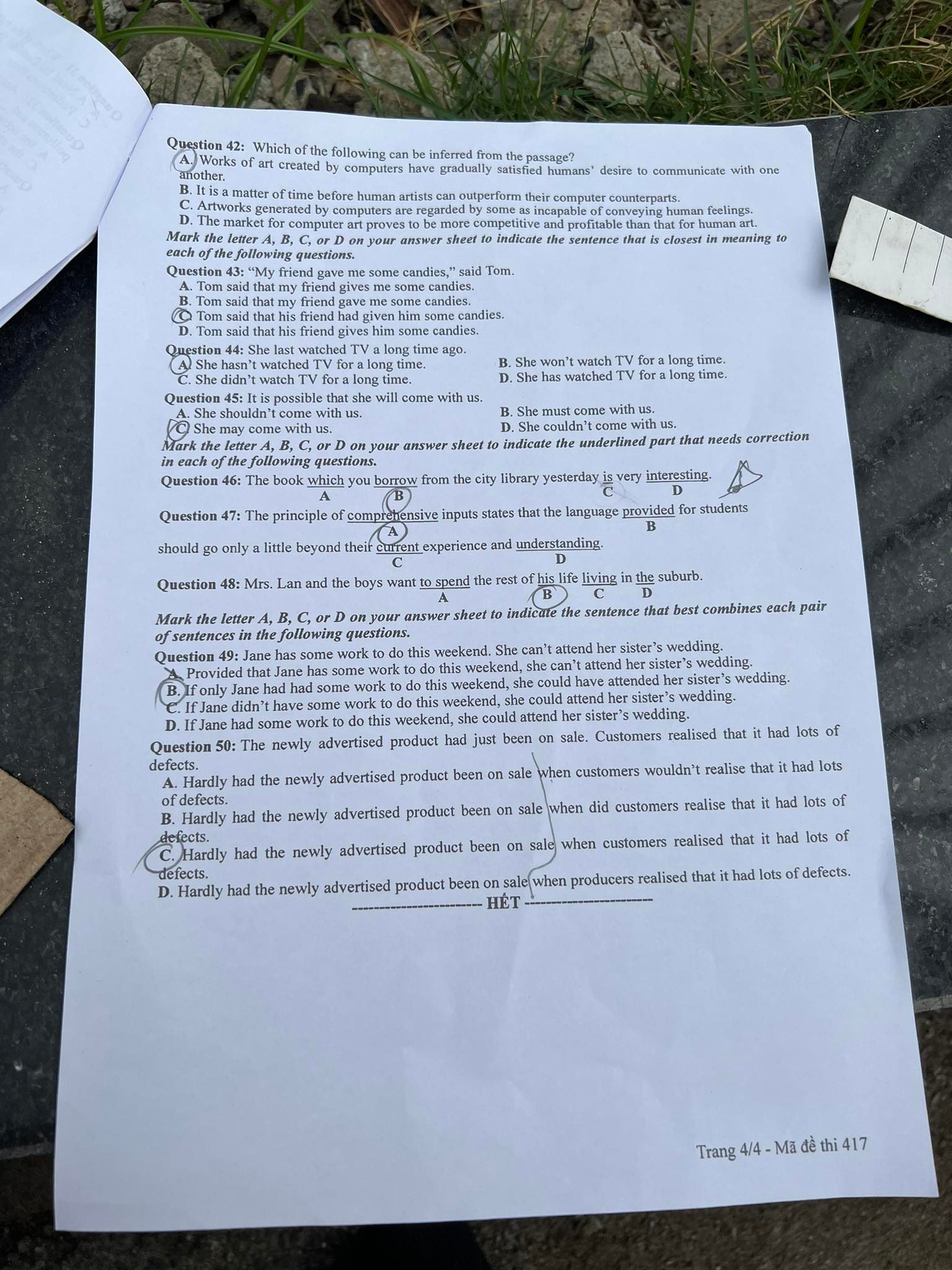 dap an de thi mon tieng anh ma de 417 tot nghiep thpt 2022 chuan nhat chinh xac nhat4 dap an de thi mon tieng anh ma de 417 tot nghiep thpt 2022 chuan nhat chinh xac nhat4