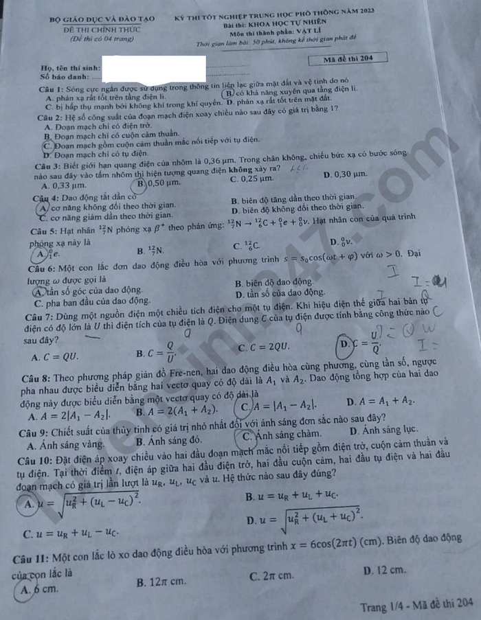 dap an de thi mon vat ly ma de 204 tot nghiep thpt 2023 moi nhat chinh xac nhat1 dap an de thi mon vat ly ma de 204 tot nghiep thpt 2023 moi nhat chinh xac nhat1