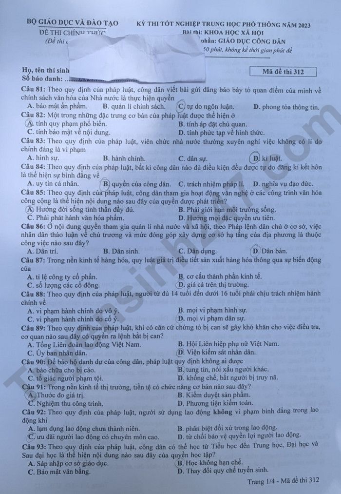 dap an goi y de thi mon gdcd ma de 312 tot nghiep thpt 2023 chuan nhat chinh xac nhat 1 dap an goi y de thi mon gdcd ma de 312 tot nghiep thpt 2023 chuan nhat chinh xac nhat 1