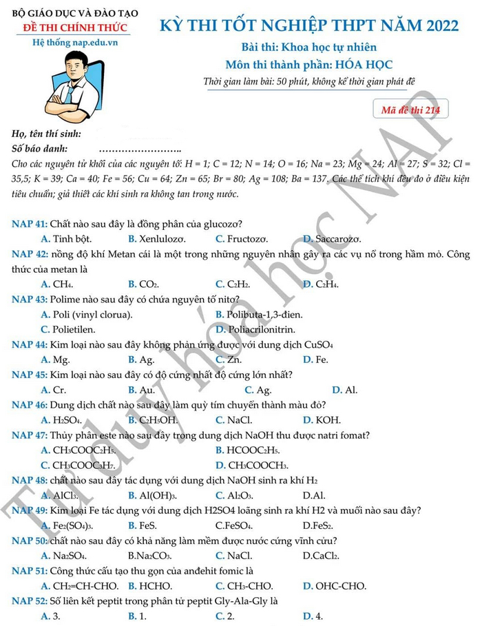 dap an de thi mon hoa hoc ma de 214 tot nghiep thpt 2023 moi nhat chinh xac nhat11 dap an de thi mon hoa hoc ma de 214 tot nghiep thpt 2023 moi nhat chinh xac nhat11