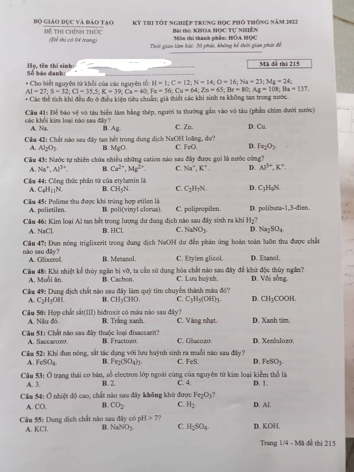 dap an de thi mon hoa hoc ma de 215 tot nghiep thpt 2023 moi nhat chinh xac nhat1 dap an de thi mon hoa hoc ma de 215 tot nghiep thpt 2023 moi nhat chinh xac nhat1