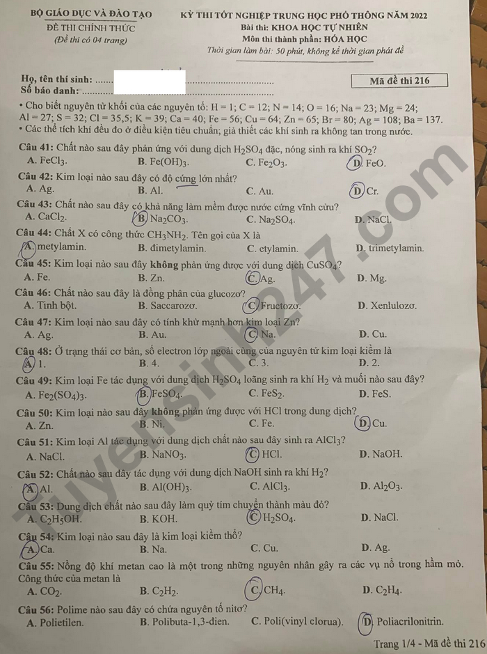dap an de thi mon hoa hoc ma de 216 tot nghiep thpt 2023 moi nhat chinh xac nhat11 dap an de thi mon hoa hoc ma de 216 tot nghiep thpt 2023 moi nhat chinh xac nhat11