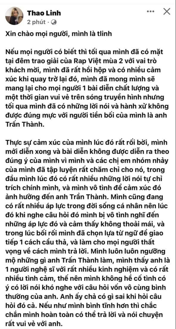 tlinh chinh thuc len tieng sau phan phong van voi tran thanh tai rap viet mua 2 dspl 2 tlinh chinh thuc len tieng sau phan phong van voi tran thanh tai rap viet mua 2 dspl 2