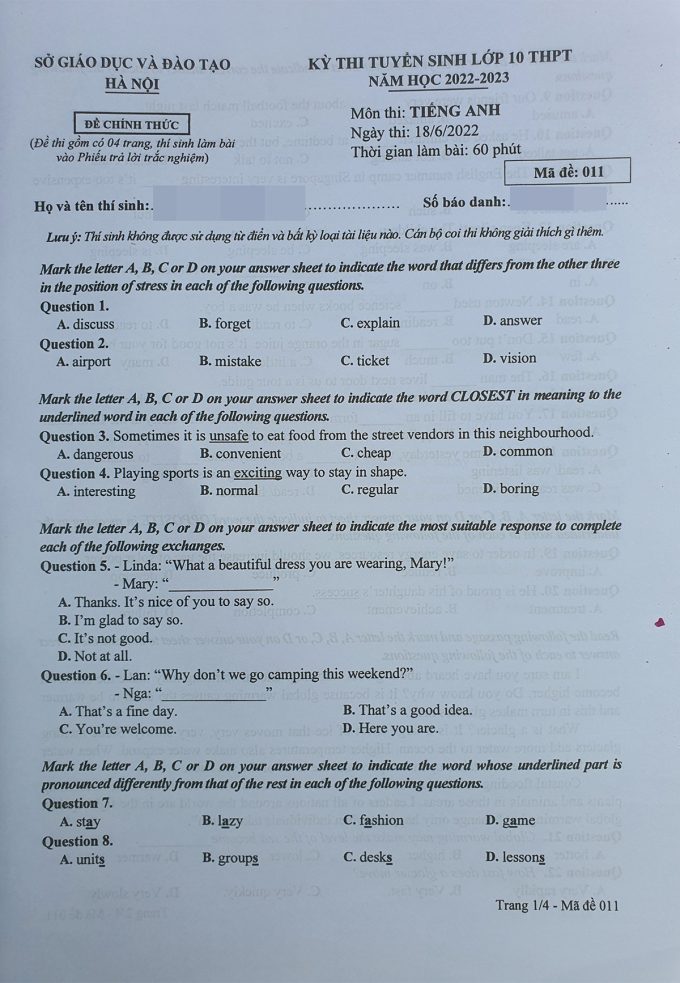 de thi tieng anh lop 10 ha noi 1 de thi tieng anh lop 10 ha noi 1