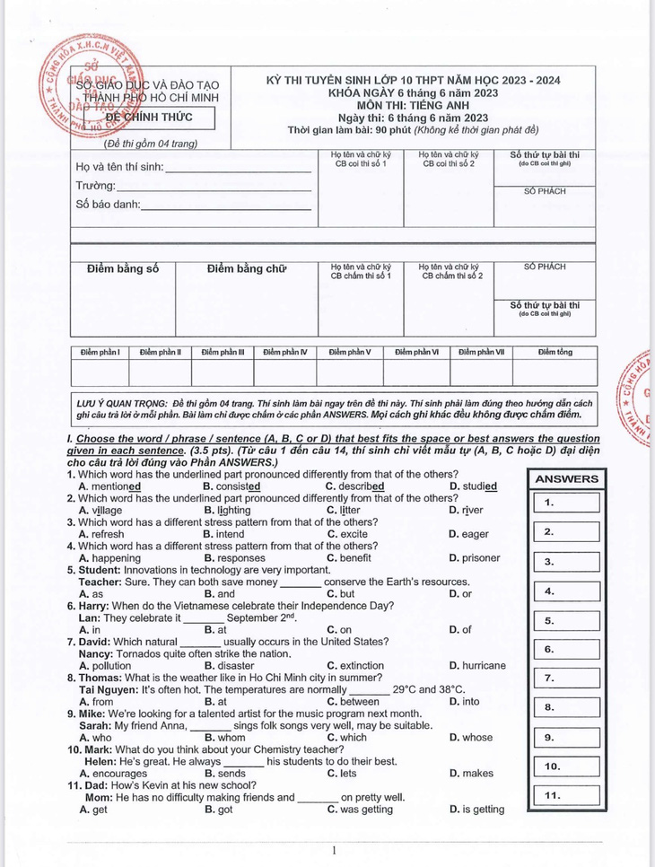 cong bo dap an chinh thuc 3 mon thi lop 10 tai tp hcm 9 5 cong bo dap an chinh thuc 3 mon thi lop 10 tai tp hcm 9 5