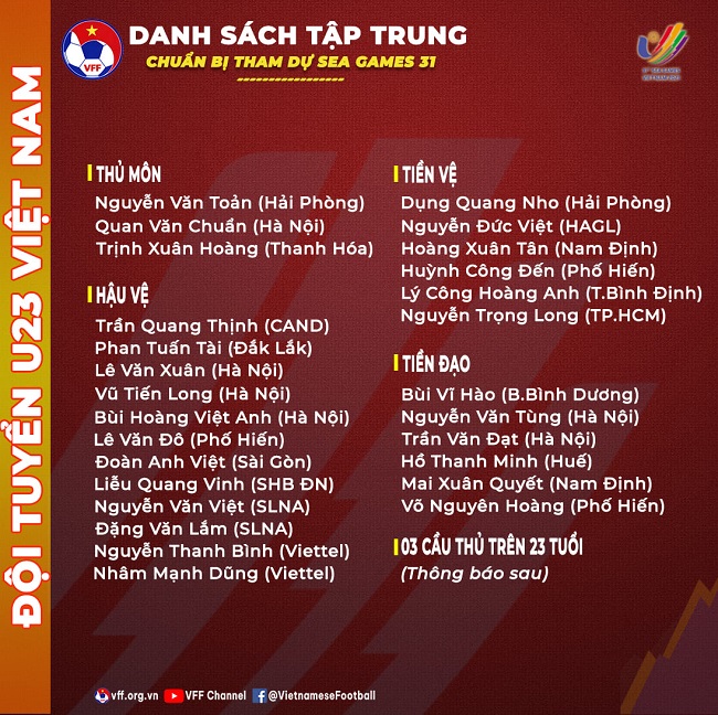 u23 viet nam cong bo danh sach tap trung dau sea games 31 chua ro 3 cai ten qua tuoi 01 u23 viet nam cong bo danh sach tap trung dau sea games 31 chua ro 3 cai ten qua tuoi 01