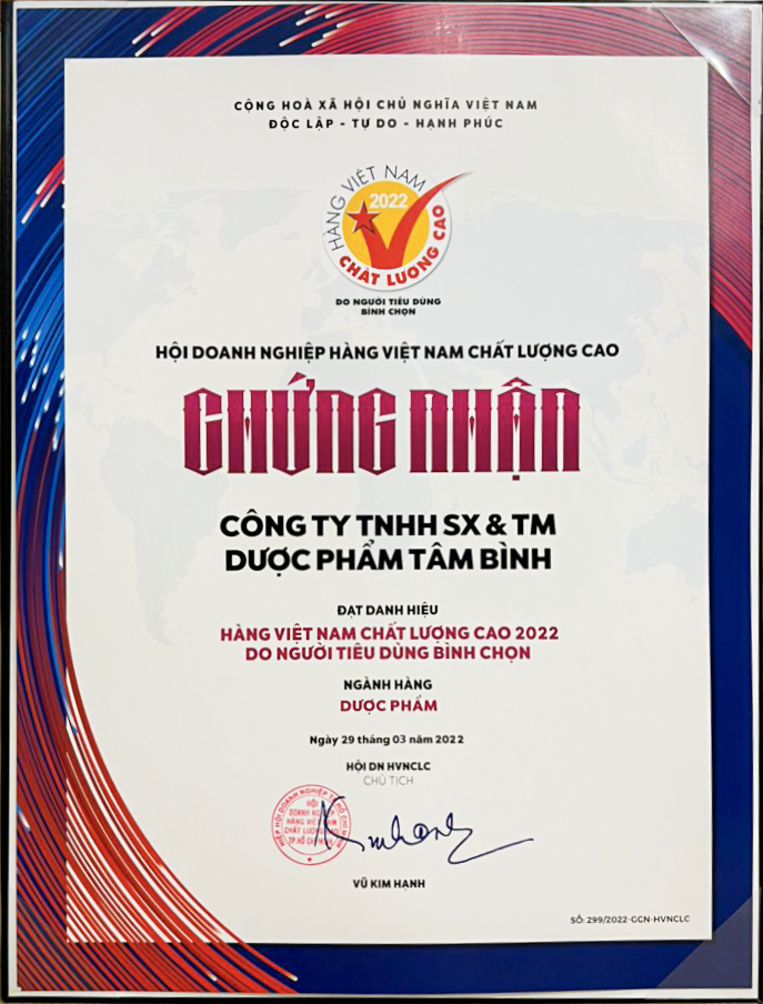 duoc pham tam binh dat chung nhan hang viet nam chat luong cao nam 2022 duoc pham tam binh dat chung nhan hang viet nam chat luong cao nam 2022