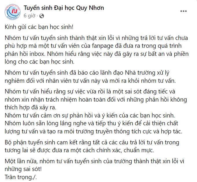 dai hoc quy nhon xin loi sau vu nhan vien tu van cong kich hoc sinh2