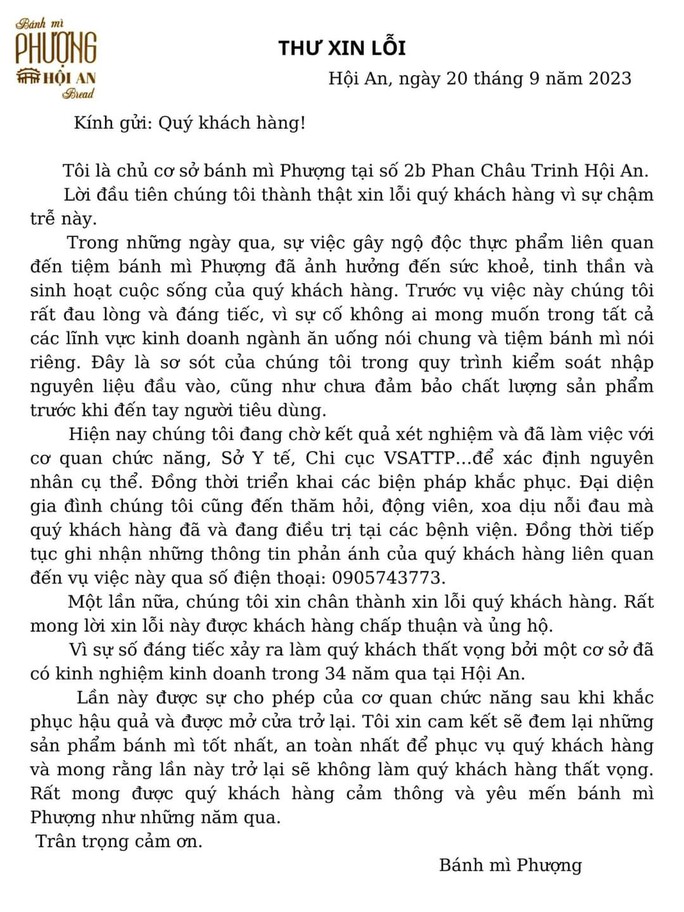sau vu 141 nguoi ngo doc chu tiem banh mi phuong gui thu xin loi khach hang sau vu 141 nguoi ngo doc chu tiem banh mi phuong gui thu xin loi khach hang