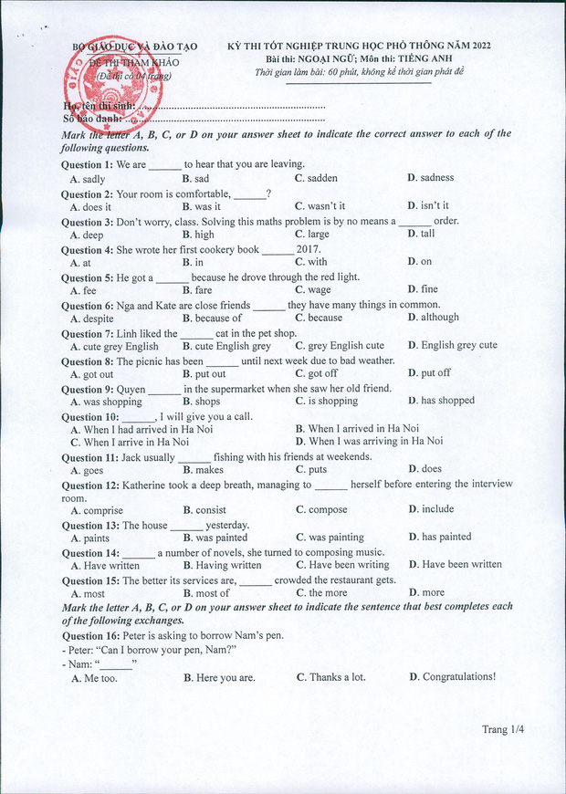 goi y dap an de thi thu tot nghiep thpt nam 2022 mon tieng anh dspl 1