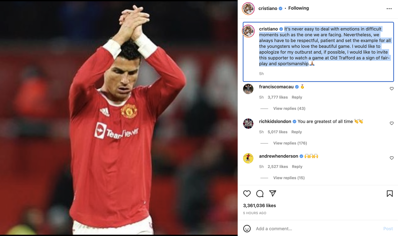 ronaldo xin loi sau khi dap dien thoai cua co dong vien nhi1