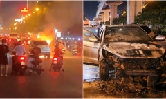 Ô tô Santa Fe bất ngờ bốc cháy ngùn ngụt trên đường phố Hà Nội