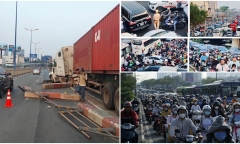 Xe container húc đổ dải phân cách trên cầu Sài Gòn, giao thông ùn tắc ngày đầu tuần