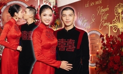 Đám hỏi của Cường Seven và Vũ Ngọc Anh rực rỡ với gam màu đỏ truyền thống