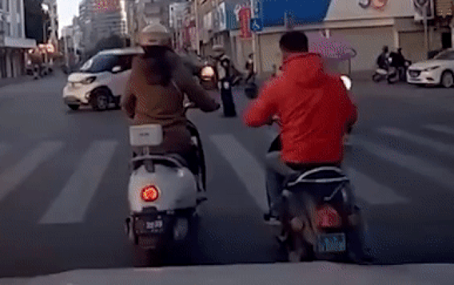 Clip: Người phụ nữ dừng chờ đèn đỏ bất ngờ bị trâu húc văng xuống đường