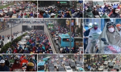 Sáng nay (10/1), cơn mưa kéo dài, người dân Hà Nội chật vật di chuyển trong giờ cao điểm