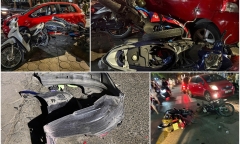 Hiện trường ngổn ngang vụ tai nạn giao thông, ô tô tông liên hoàn 6 xe máy ở Hà Nội