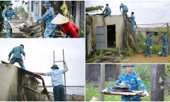 Cán bộ, chiến sĩ Sư đoàn 372 sửa chữa nhà dân bị thiệt hại sau sự cố rơi máy bay Su-22