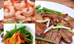 Canh rau muống nấu tôm chua, thịt rang cháy cạnh ngon bữa cơm trưa