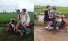 Không cần siêu xe, cô dâu 'xỏ ủng lội bùn' về nhà chồng vẫn tươi cười rạng rỡ