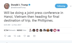 Ông Trump thông báo lịch trình ngày làm việc cuối cùng tại Việt Nam trên Twitter