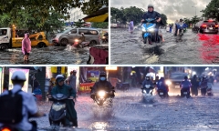 Mưa trắng trời, đường phố TP.HCM ngập như sông